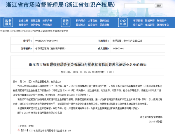 壹号娱乐入选2023年度浙江省信用管理示范企业名单